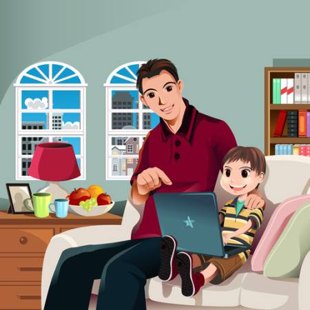 gyerek, gyermek, apa, család, laptop, lámpa, ablakok, mosoly Artisticco Llc - Dreamstime