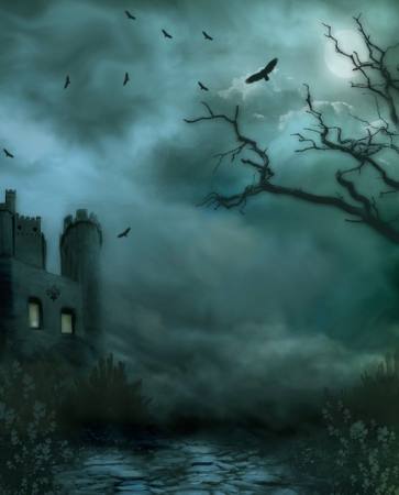 éjszaka, ködben, porban, épület, madarak, fa, inkubációja, kastély, közúti Debbie  Wilson - Dreamstime