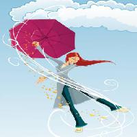 Pixwords A képet esernyő, lány, szél, felhők, eső, boldog Tachen - Dreamstime
